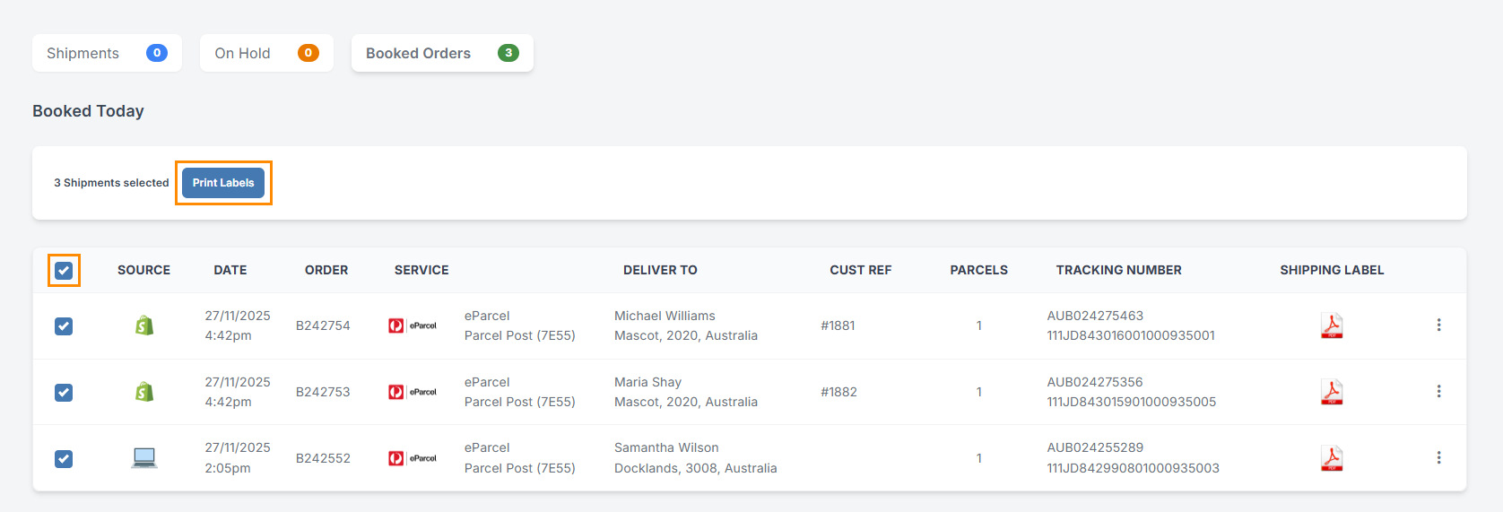 ready to ship tab within the shipping manager